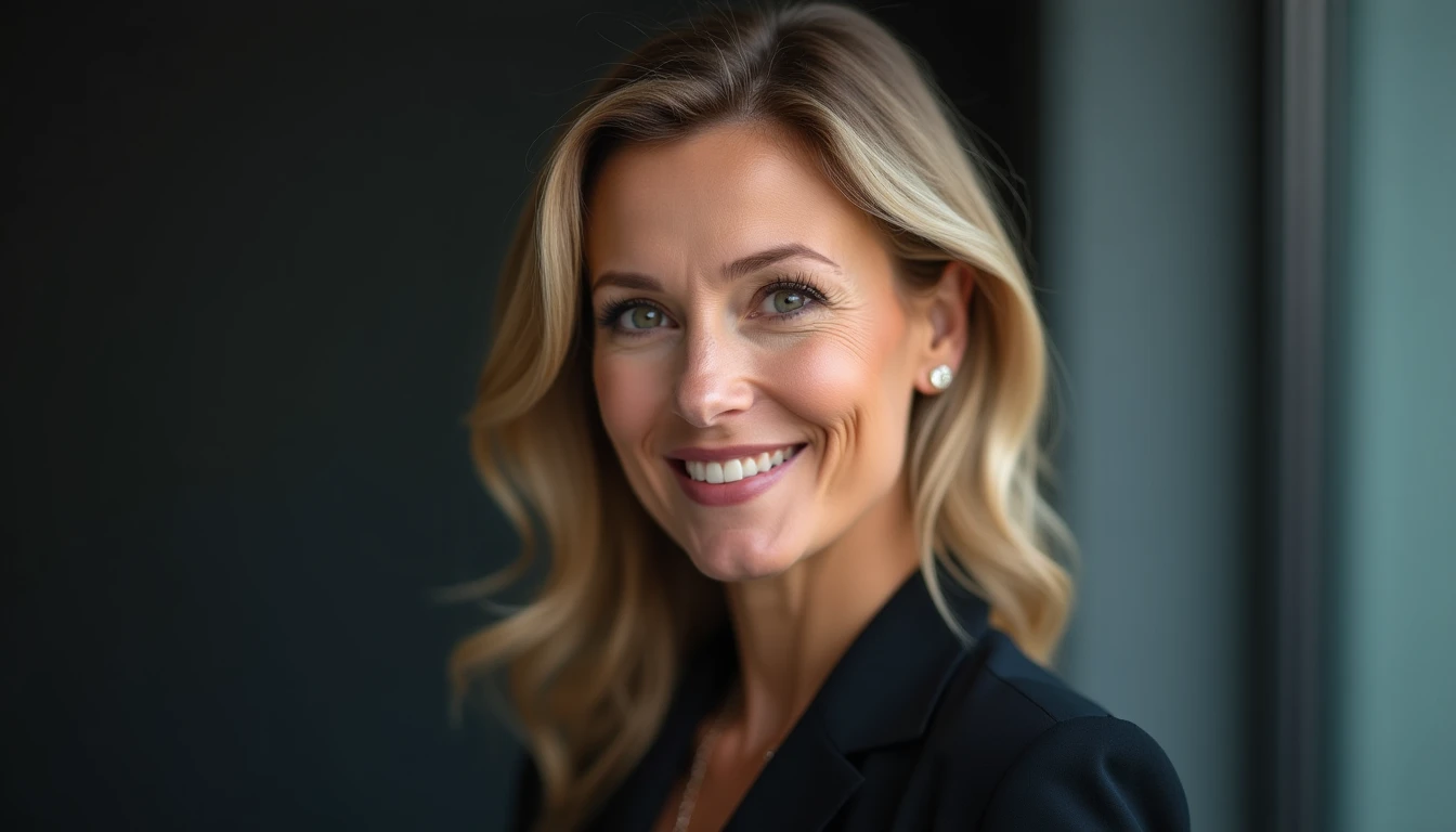 Professional portrait of Sabine Schmidt, sales director, confident business woman